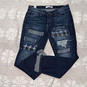 KanCan Dark Blue Plaid Patch Distressed Jeans